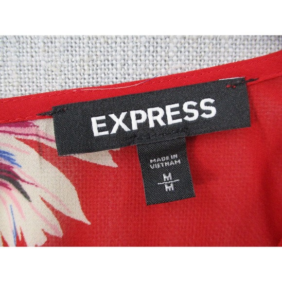 Express Red Floral Chiffon Long Sleeve Romper Surplice Wrap Tie Waist Womens M - Picture 4 of 14